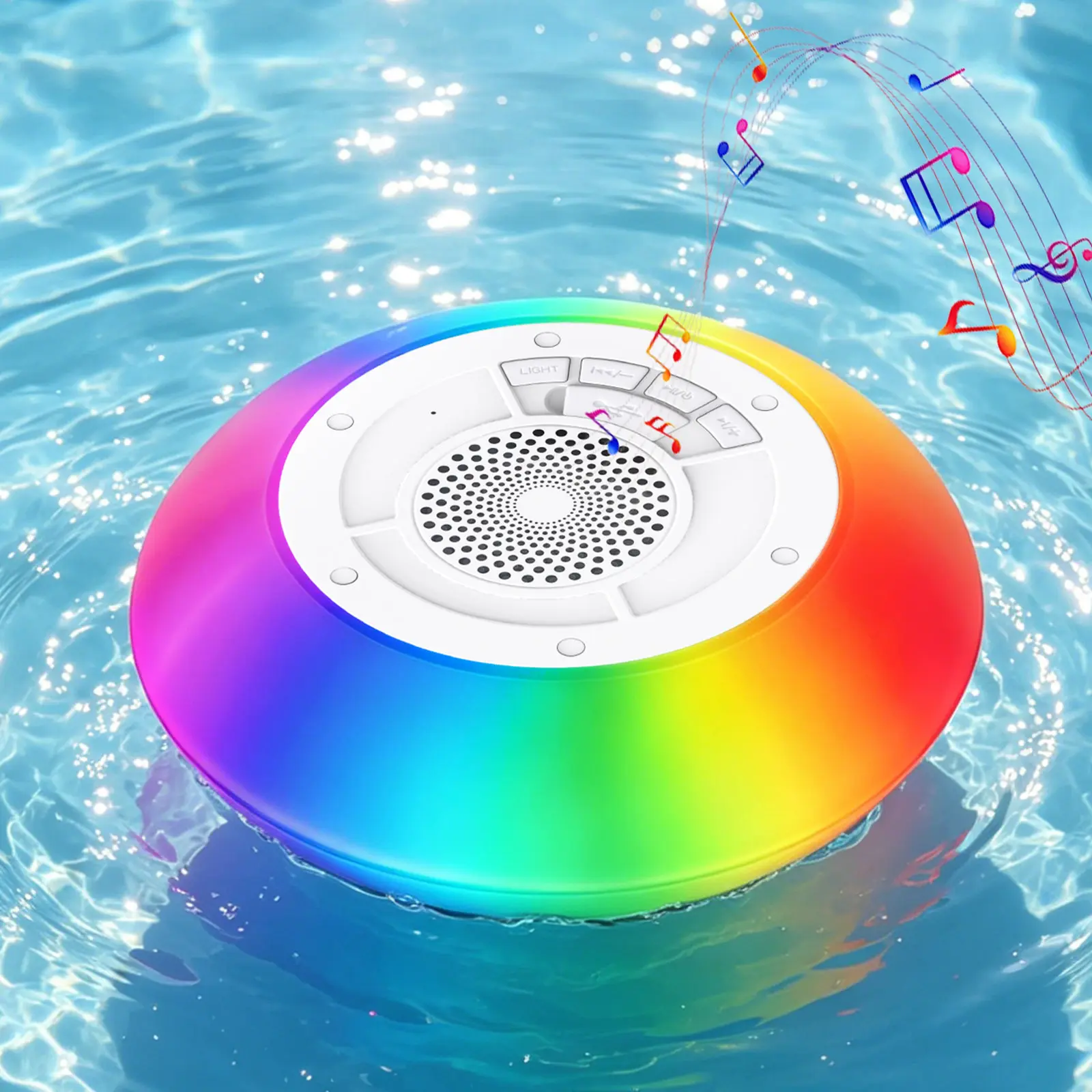 Floating Pool Speaker with Colorful Lights, IPX7 Waterproof, Wireless Bluetooth, Built-in Mic, Surround Sound, for Outdoor Use and Hot Tubs