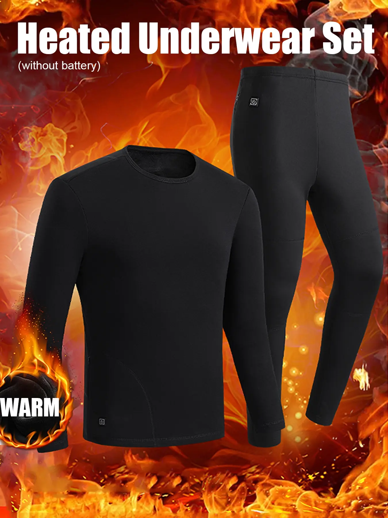 Autumn Winter USB Thermal Heated Warm Underwear Set, Plain, Fleece Lined, Core Area Heating Design, No Battery Included, Unisex Cold Weather Wear