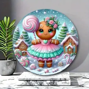 Aluminum Round Pink Gingerbread Candy Land Christmas Wreath Wall Decor Sign Easy Install for Home Kitchen Office