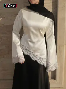 Women White Satin Blouse Long Sleeve Lace Trim Bell Sleeve Top Elegant Asymmetrical Hem Shirt Dressy Loose Fit Blouse Chic Modest Evening Top Lace Cuff Flowy Blouse for Office Party Wedding Guest Vacation Eid Ramadan Outfit