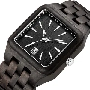 Wooden Quartz Movement Men's Watch Wooden Strap with Automatic Date Square Dial Business Gifts for Men Simple Style Fashion
