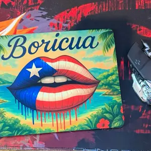 Boricua Brand Boquica Lips Mouse Pad with Vibrant Boricua Flag Design and Tropical Background
