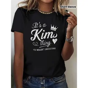 Women's Korean Drama T-Shirt Compatible for Dramas - Kim Name Design, Korean K-Drama Fan Apparel with Kim Family Name Print, Machine Washable Casual Round Neck Tee for K-Fans