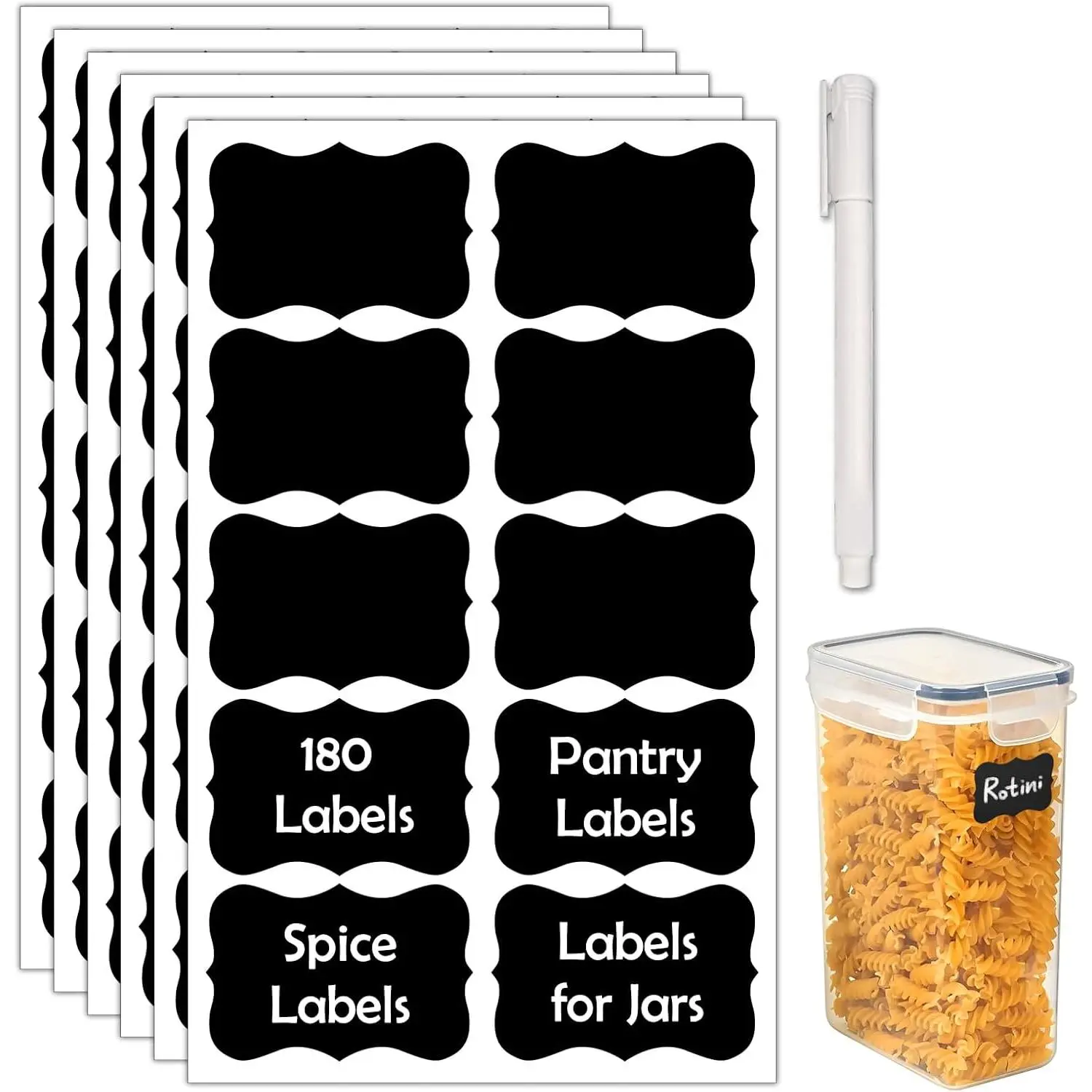 180 count Chalkboard Labels for Jars,   Blackboard Stickers with 1 Liquid Chalk Markers, Organization Labels Removable (Black, Wavy)