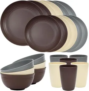 24 Piece Plates and Bowls Sets for 6, Unbreakable Dinnerware Sets, Plastic Dish Set for Camping, Dishwasher Microwave Safe, Outdoor Kitchen and Apartment Dinning RV Essentials, Brown