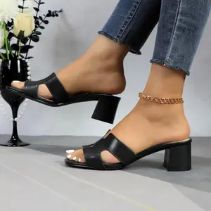 Women's Square Open Toe Chunky Heeled Sandals Slip on Slides Summer Shoes JX