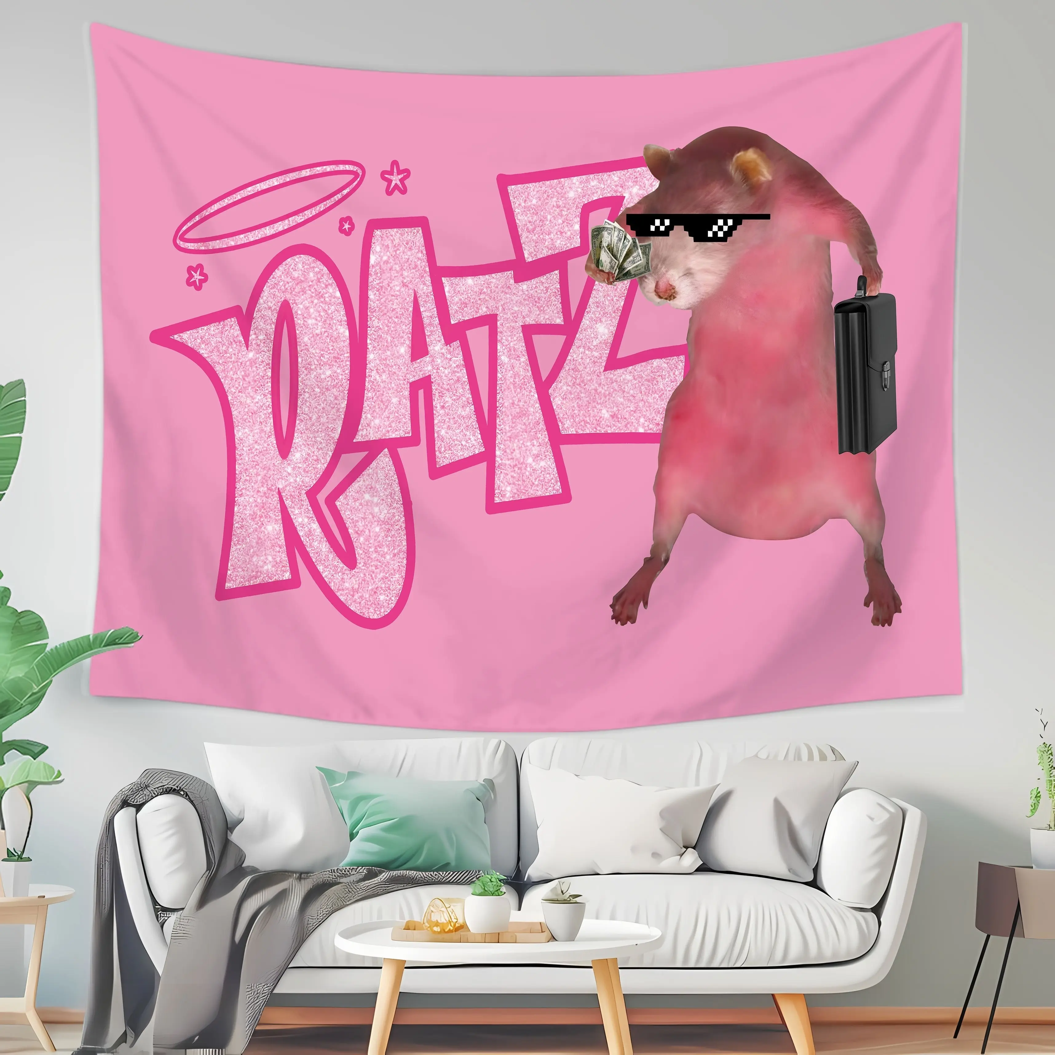 Funny Pink Rat "Boss" Theme Tapestry – Anthropomorphic Pink Rat, "RATZ" Glitter Text & Cool Decor, Playful Style, Perfect for Boys & Girls Dorm Decor & Home Decor Tapestry, Ideal Funny Theme Gifts, 2D Print Tapestry