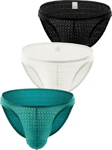 Men's Low Waist Bikini Briefs, Thin Nylon Mesh Breathable Elastic Triangle Underwear, Sexy Fitted Summer Shorts, 3 Pack, Plain