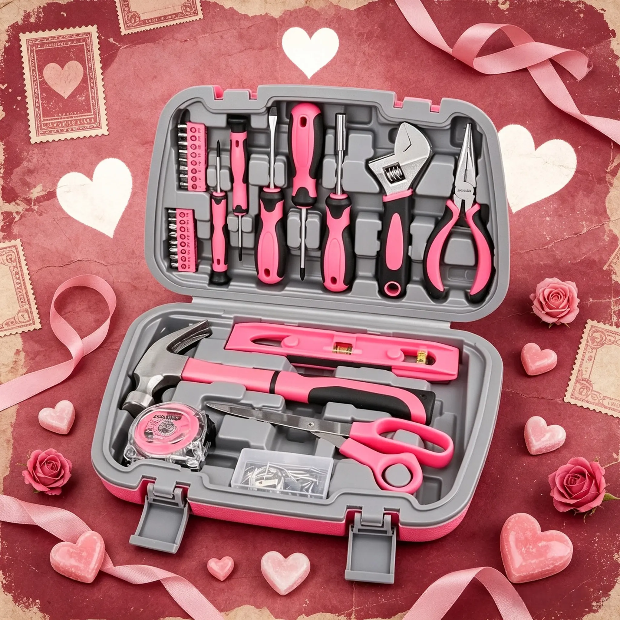 67PCS Pink Home DIY Repair Tool Kit Set. Women Ladies Beginner Complete Hand Tools in a Portable Toolbox Case for the Household and Office