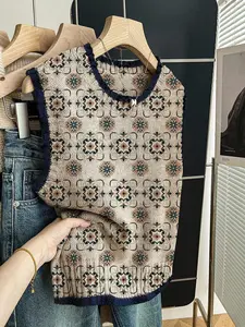 Women's Casual Fitted Knit Top, Spring Summer Round Neck Sleeveless Sweater Vests, Deep Blue Border Geometric Print, Fall Outerwear, Womenswear