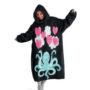 Hooded Blanket, Wearable Blanket, Heart-Shaped Balloon Octopus Digital Print Flannel Blanket Soft and Warm Blanket, Ideal for Sofa Throw, Home Relaxation Blanket, Air-Conditioned Blanket, Nap Blanket, Office Bed Blanket, Camping Travel Blanket