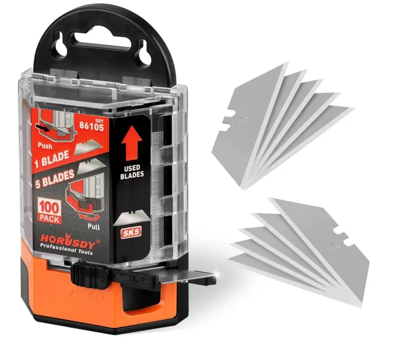 HORUSDY Pack Of 100 Utility Knife Blades, Box Cutter Blades Replacement with Dispenser, SK5 Carbon Steel HORUSDY Pack Of 100 Utility Knife Blades, Box Cutter Blades Replacement with Dispenser, SK5 Carbon Steel