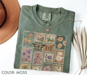 Vintage Botanical Stamp Shirt Comfort Colors, Antique Floral Postage Tee, Retro Flower Shirt, Cottagecore Nature Shirt, Flower Lover Gift