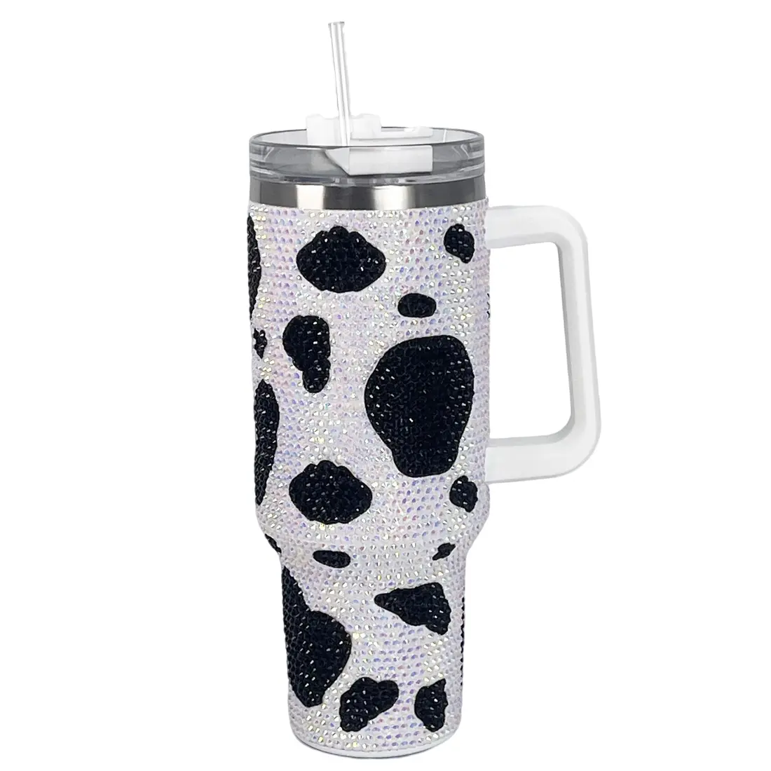 Cupcupmore 40 oz Black Cow Bling Rhinestone Stainless Steel Sippy Tumbler Flask - Glitter Vacuum Insulated Thermal Water Bottle with Straw, Lid, Handle, Sparkle Car Cup Holder, Keeps Drinks Cold 12 Hours, Flasks