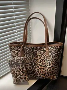 Women's Large Capacity Leopard Print Handbag Set, Fashion Vintage PU Shoulder Bag, Ideal for College Students, Newbies, Professionals