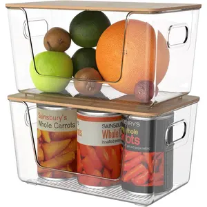 2 Pack Clear Storage Bins with Bamboo Lid for Kitchen Use Stackable Pantry Organizer with Handle for Cans Fruits and Vegetables Stackable Storage Bins Open Front Medium