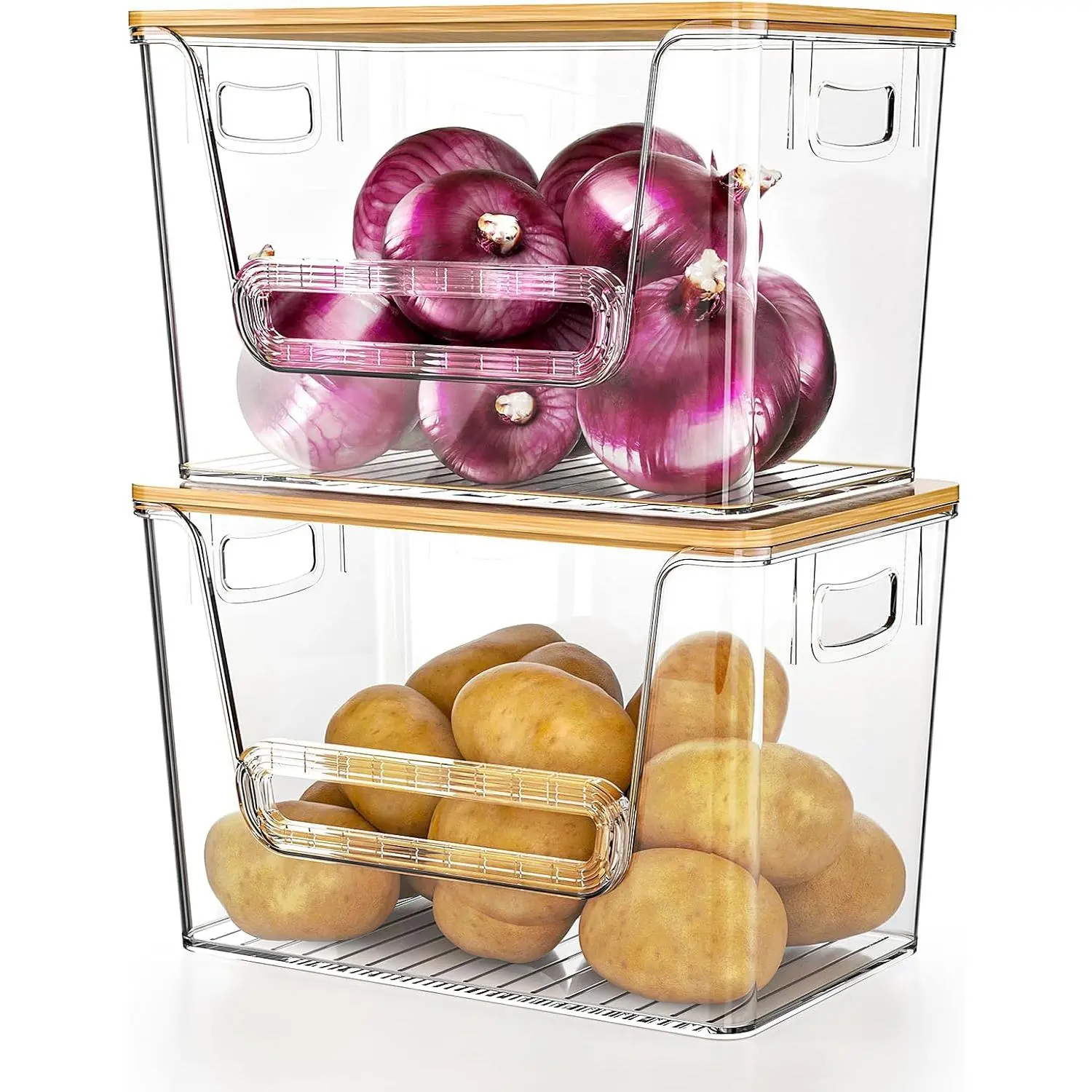 2 Set Stackable Clear Kitchen Pantry Bins with Bamboo Top for Onion Potato Fruits Produce Vegetable Storage