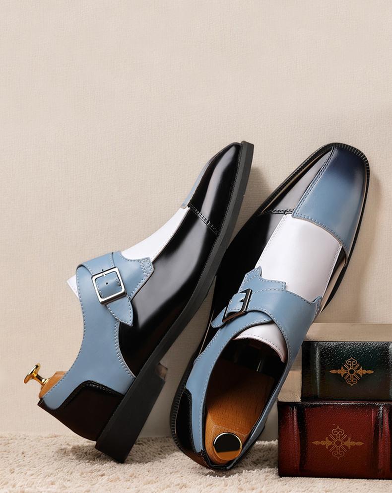 Men's Multi-Color Monk Strap Dress Shoes, Black Blue White Formal Leather Shoes13809
