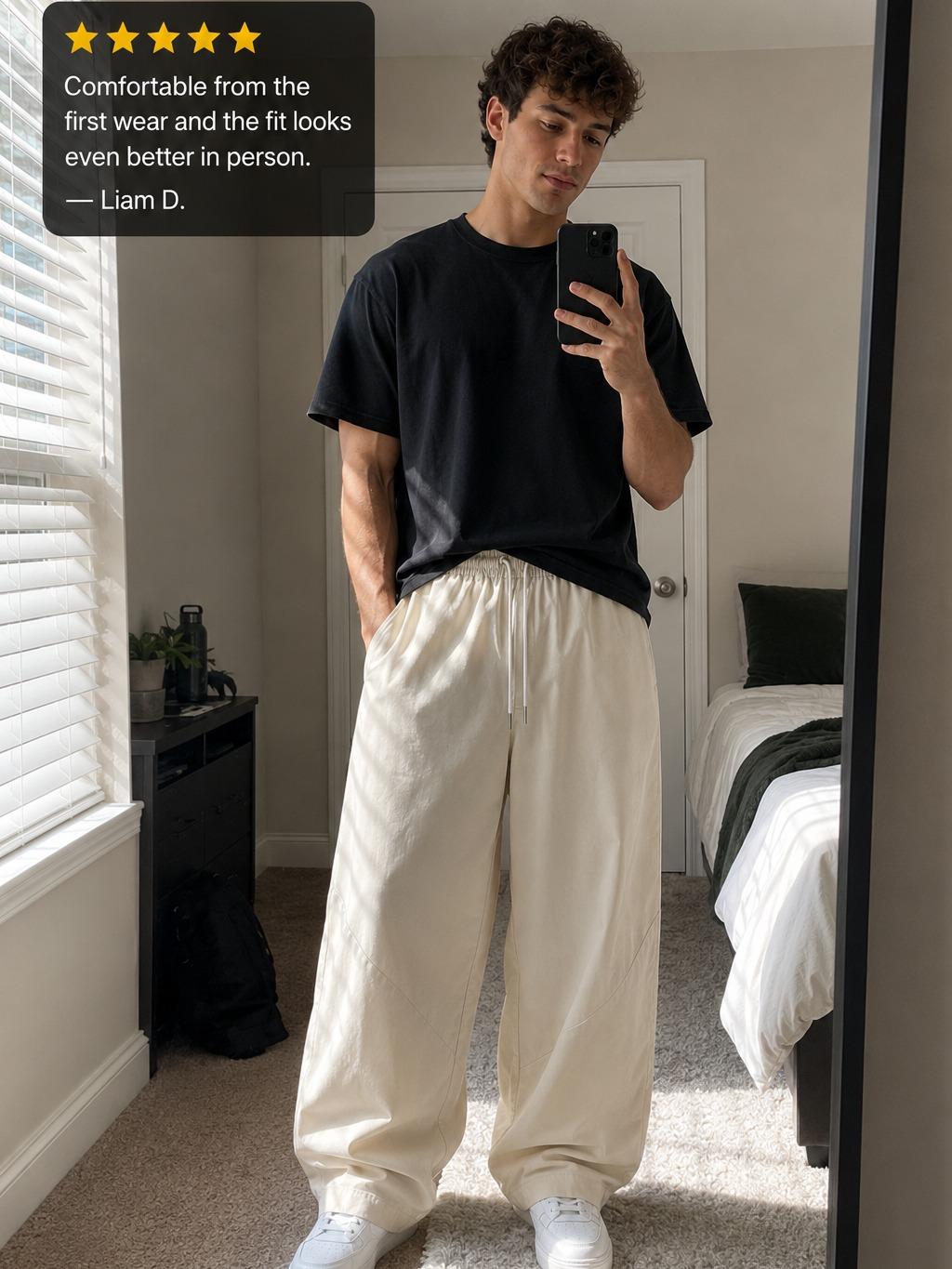 Men's Baggy Wide-Leg Parachute Cargo Pants - Menswear Clothes, All-Season Solid Plain, Lightweight Streetwear with Drawstring Waist and Side Pockets