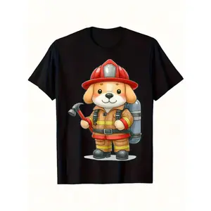 1pc Boys & Girls Firefighter Dalmatian Puppy & Fire Hydrant Print T-Shirt - Soft Stretch Knit Crew Neck Tee, Preshrunk Breathable Kids Firefighter Outfit for, Parties, & Outdoor Activities (Machine Washable) (3-13Y)