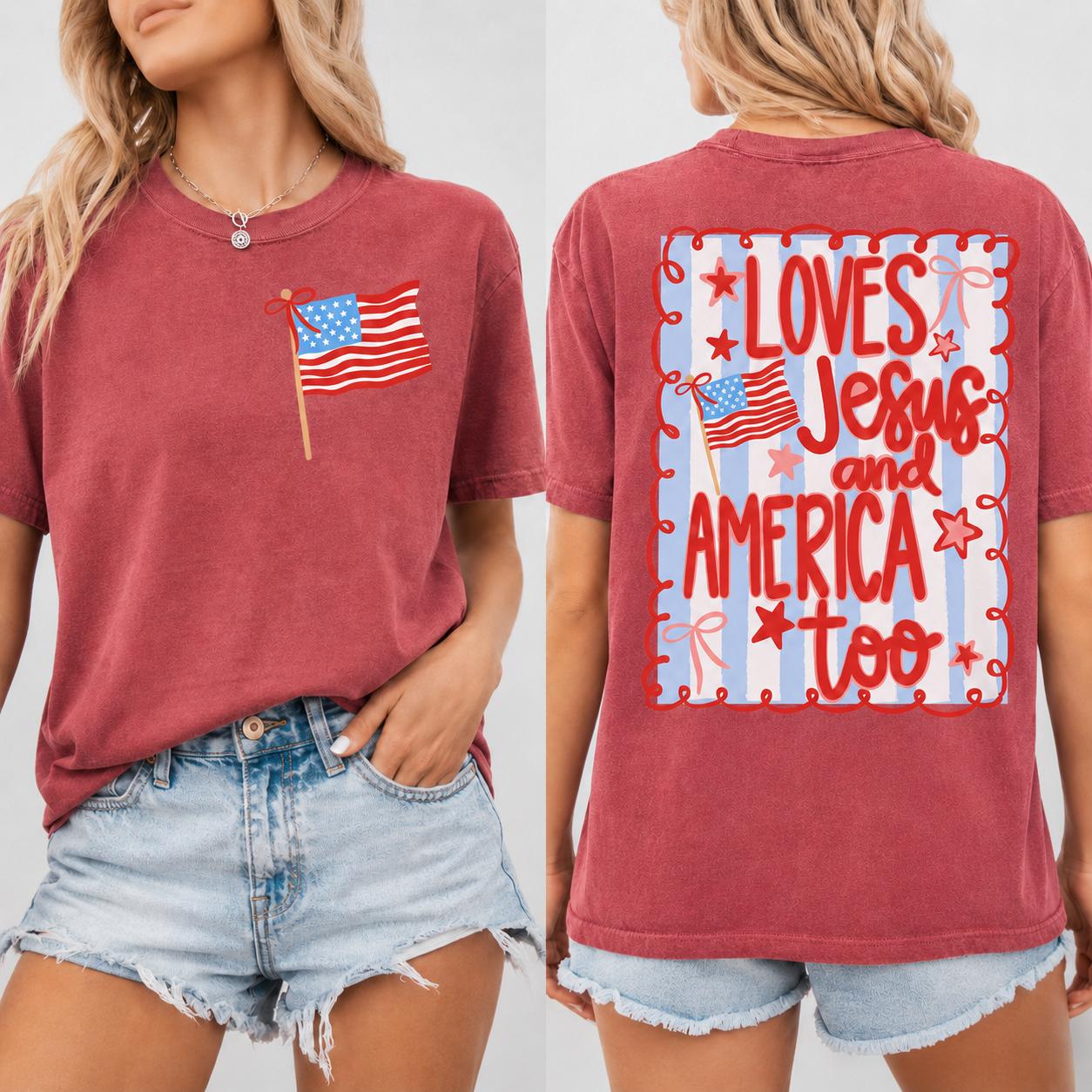 Loves Jesus and America Too T-Shirt, 4th of July Comfort Colors, Patriotic Coquette Bow Tee, American Flag Shirt, USA Preppy Red White Blue Tshirt Womenswear Printed