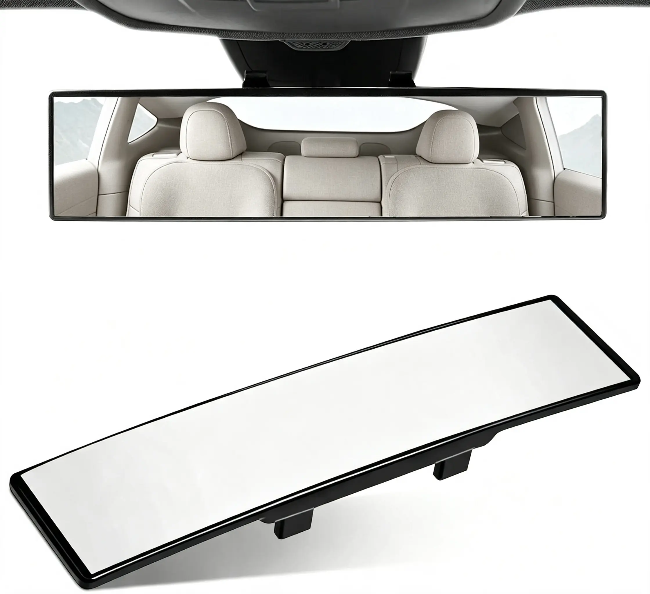 Universal 12" Panoramic Rear View Mirror, Anti-Shake Interior Clip-On Design, Ultra-Wide HD Visibility for Cars, SUVs, Pickups, and Commercial Vehicles
