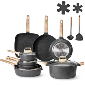 【Father's Day】VEVOR 19 Piece Pots and Pans Set,  , Granite Nonstick Cookware Set, Induction Cookwares, Kitchen RV Cooking Sets with Frying, Sauce, Saute, Tempered Glass Lids, and Pan Protectors, Black
