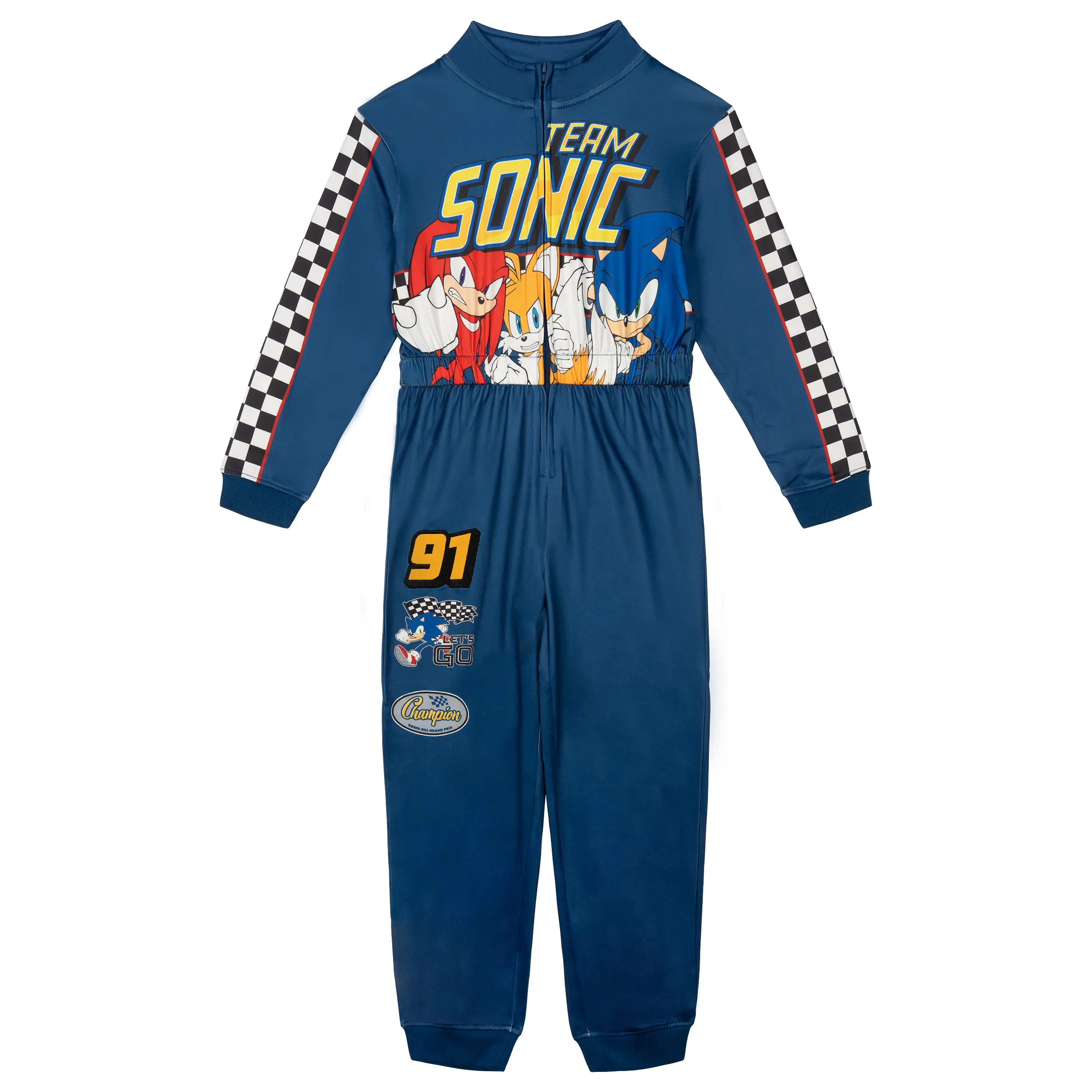 SEGA Boys' Sonic the Hedgehog Jumpsuit, Polyester Graphic Print Tracksuit with Checkered Sleeves, Zip-Front Outfit for Toddlers 3-4 Years, One Piece Jumpsuits