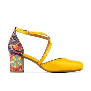 Dannii Yellow Signature Chunky Heel Slip On Summer Sandals for Women Comfortable Walking Shoes with Colorful Embroidery & Plain Pattern - Footwear