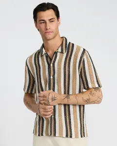 Express Textured Open Knit Tan Striped Short Sleeve Shirt Express Textured Open Knit Tan Striped Short Sleeve Shirt