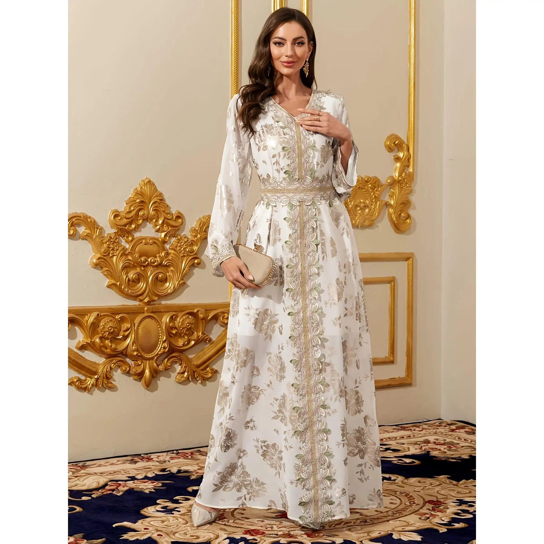 White Chiffon Abaya Dress for Women, Modest Gown with Golden Floral Embroidery, Muslim Evening Wear, Modest Clothes, Muslim Evening Dress, Floral Dresses