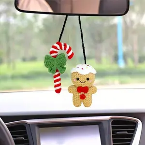 Gingerman Candy Cane Car Hanging Crochet, Gingerbread Car Charm, Rear View Mirror Christmas Ornament, Xmas Accessory