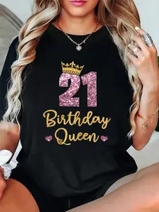 100% Cotton T shirts 21 Birthday Queen 21st Birthday Queen 21 Years T-Shirt Breathable & Comfort Fit Tee Women,Short Sleeve Crew Neck Top for All Seasons,Graphic Tees Women Tops