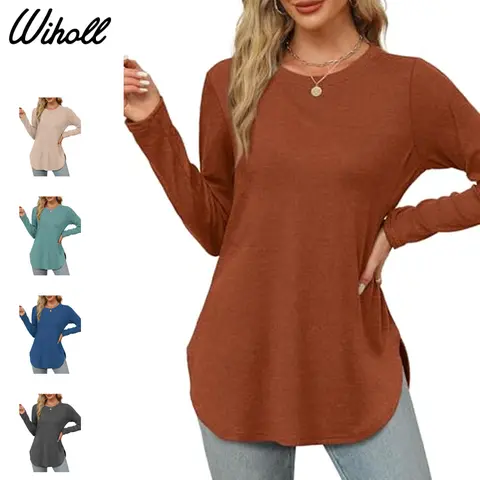 WIHOLL Women's Basic Everyday Longsleeve Round Neck Loose Tunic Top - Casual Comfy, Lightweight Soft Stretchy 5% Spandex Fabric, Side Split Detail, Pre-Wash & Iron Before First Wear (Black, Blue)