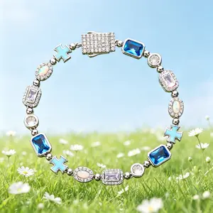 Custom Street Hip Hop Jewelry 6mm Multi Color Gemstone Enamel Tennis Bracelet Iced Out Cross Motif Bracelet