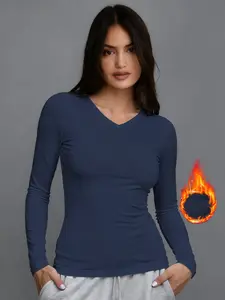 Women's Warm V-Neck Soft Comfortable Long Sleeve Thermal Underwear Top, Classic Versatile Solid Color Ladies Basic Layering Shirt