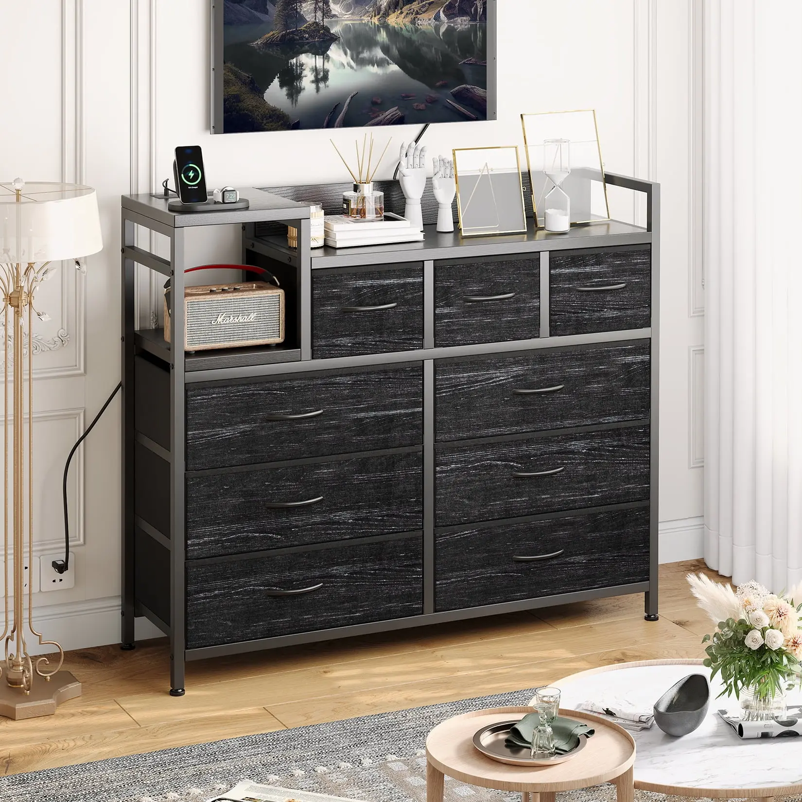 Black 9-Drawer Freestanding Modern Home Storage Dresser with Metal Frame - Clothes Storage Cabinet, Built-in Charging Hub, Multi-Functional Bedroom TV Stand for Closet, Kids Room, Modern Storage Dresser