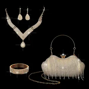 PCS Set Of Rhinestone Sunflower Ladies' Clutch - An Elegant Square Dinner Bag With Shiny Black And Transparent Gemstones, Black Floral Design. The Rhinestone Necklace, Earrings And Bracelet Set Is Perfect For Parties, Balls And Formal Events