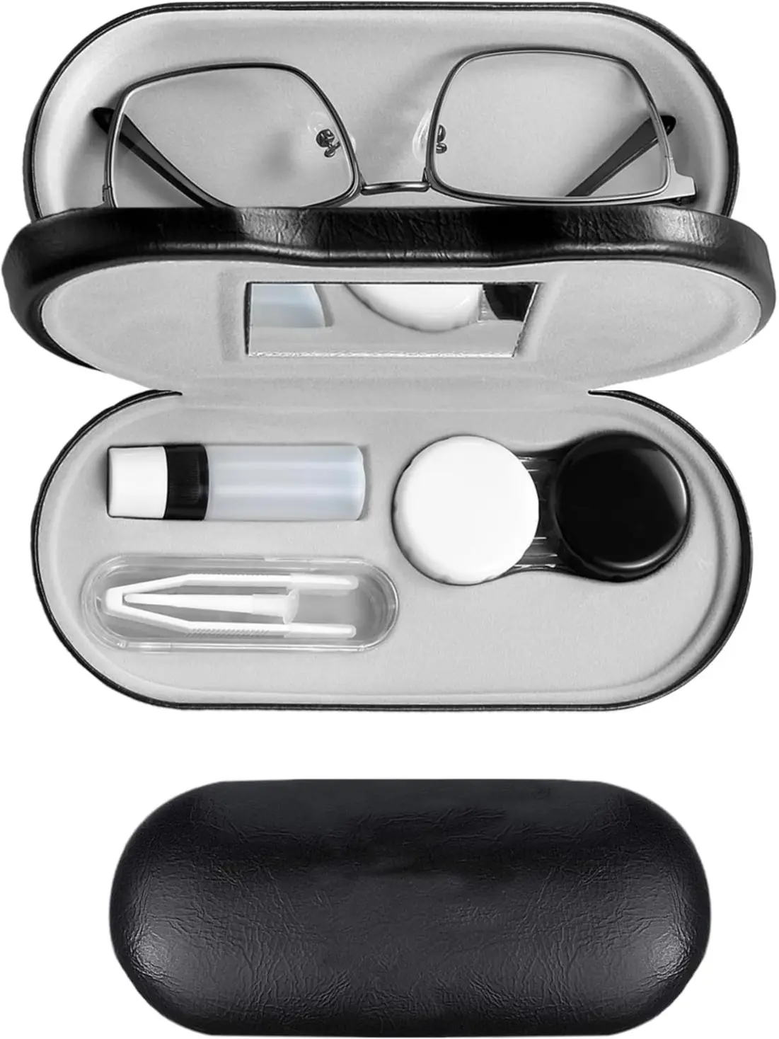 2 in 1 Contact Lens Case and Eyeglasses Case for Women Men Kids, Double Sided Hard Shell Portable Glasses Travel Holder with Built-in Mirror, Contact Lens Box Storage Kit