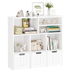【GARVEE】Toy Storage Cabinet with 3 Movable Drawers and 6 Cubes, Versatile Bookshelf and Storage Organizer with Hidden Wheels for Bedroom, Playroom, and Nursery, White Finish