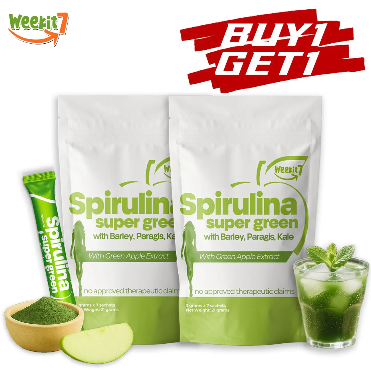 【Buy 1 Get 1】Weekit7 Delicious Fruity Spirulina juice Powder  Dietary Healthcare  Organic food supplement healthy body beauty drink Vitamin Natural Fiber Edible Fitness Apple female high version