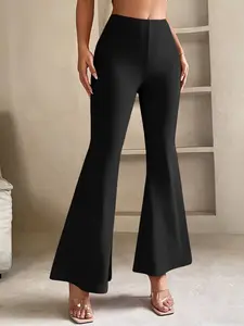 Women's Spring Elegant Black Flare Leg Pants Elastic Waist Regular Fit Medium Stretch Knitted Fabric Long Length 95% Polyester Plain Pattern