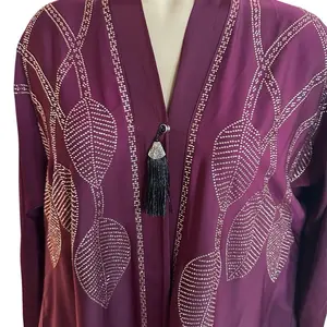 Dubai Abaya Burgundy with Leaf Design and Tassel Detail Elegant and Stylish Abaya for Women