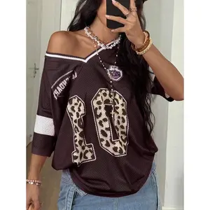 Women's Spring Summer Streetwear Y2K Leopard Print Number Graphic Football Jersey V-Neck Brown Jersey T-Shirt