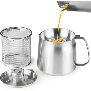 Bacon Grease Container with Strainer, 304 Stainless Steel Cooking Oil Container for Kitchen with Dust-proof Lid & Basket, Dishwasher Safe, 50oz/1.5L