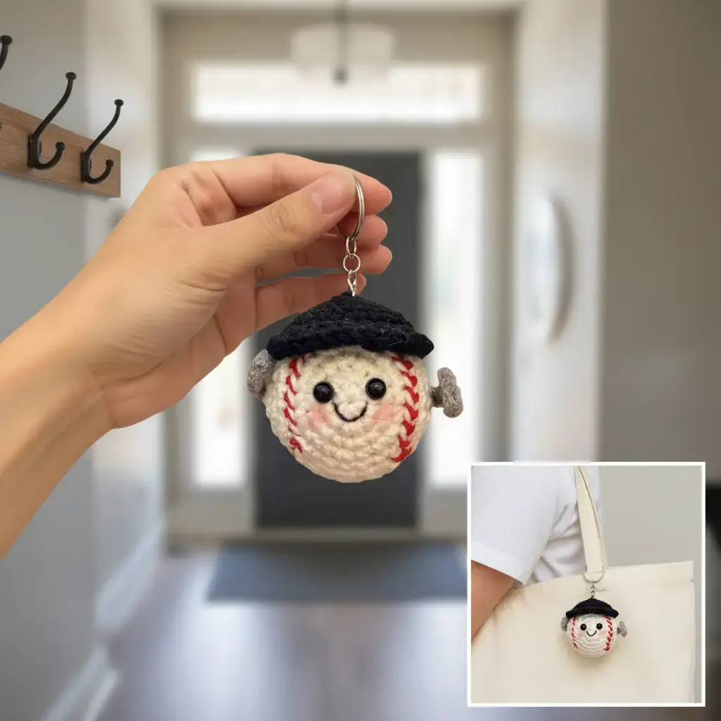 Unisex Handmade Crochet Baseball Keychain - Hypoallergenic Fill Game Day Accessory, Kawaii Baseball Face Bag Charm