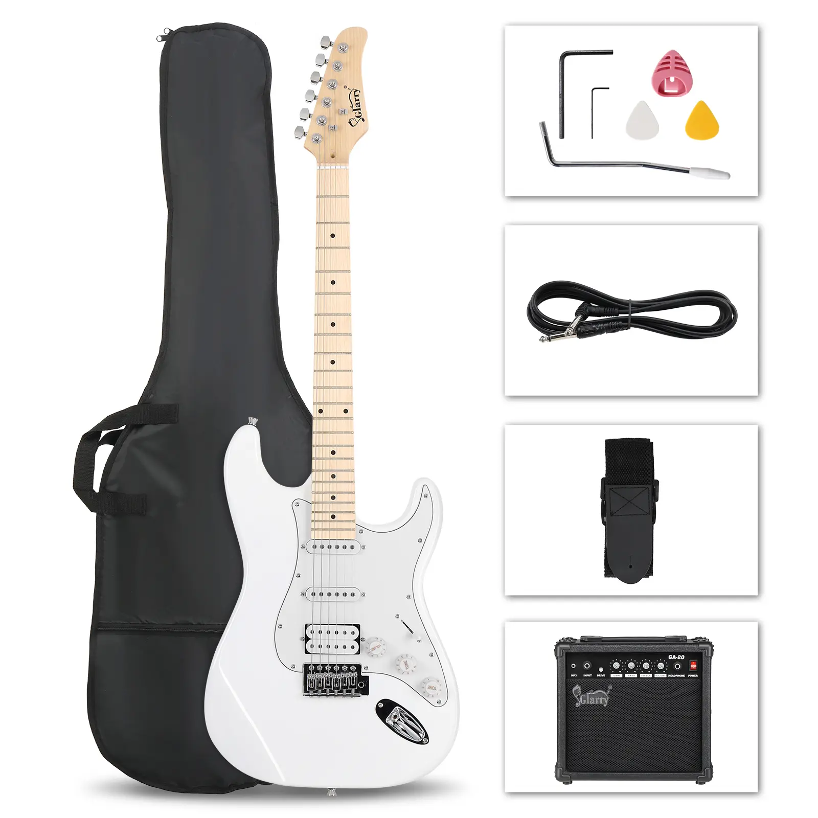 Stylish H-S-S Pickup Electric  guitar Kit with 20W AMP Bag Strap White gifts for musicians sampler gadgets cool wrench tool friend shoulder music lover looppedal beginner acoustic unique affordable, Portable Guitar Amp