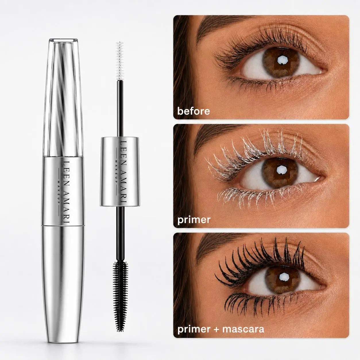 LEEN AMARI Lash Cocktail - Dual-Ended Mascara with White Lash Primer + Black Mascara, 2-in-1 Lengthening & Volumizing Eye Makeup for Longer-Looking, Lifted, Defined Lashes, 2 Steps mirror mascara under eyes professional eyelash extension