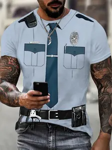Men'S Realistic Police Officer Costume T-Shirt - Light Blue Shirt with Badge Graphic, Plus Size Available - Durable Polyester Tee for Halloween, Cosplay, Themed Parties - Authentic Cop Lookalike Apparel, Cosplay Clothing, Short Sleeve Top, Comfortable Fit