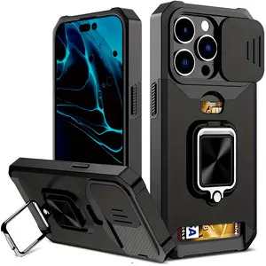 Shockproof Heavy Duty Hard Smartphone Cellphone Cover with Metal Stand and Card Slot for 16 Pro Max 15 Pro 14 13 Pro Max Black PC Material Ideal for Daily Use Casing Protection Protective